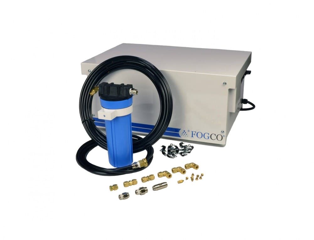Product shot on white background showing Mist Works MKRCD.50/25 high-pressure misting system, including misting pump, tubing, nozzles, and associated products needed for installation