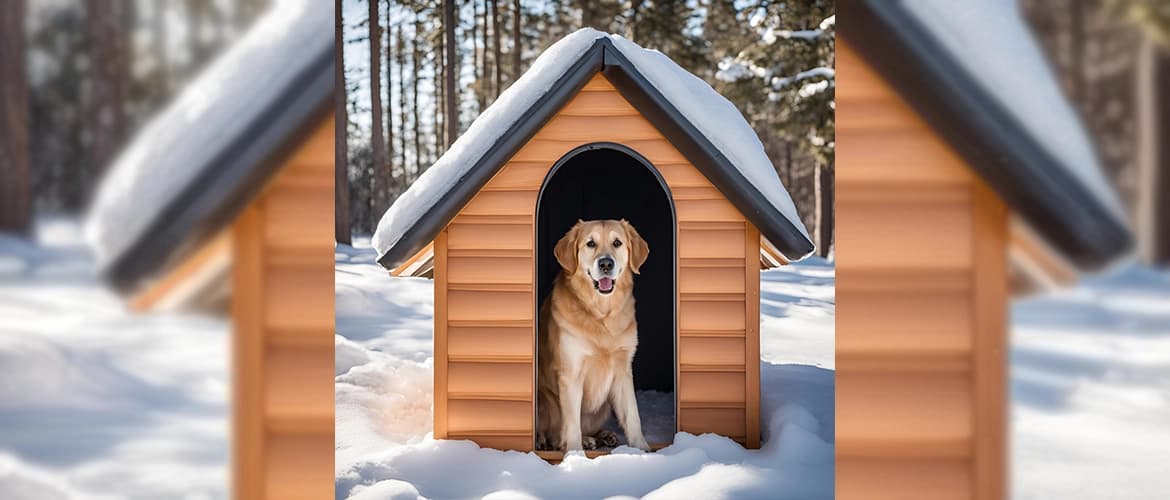 A golden retriever sitting inside an orange doghouse surrounded by snow, with a forest in the background.
