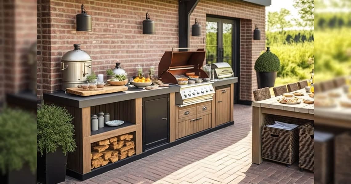 Outdoor patio shot overlooking an ocean in full daylight, with extra-wide plank decking, and a Cal Flame BBQ LBK-870 L-Shaped luxury outdoor BBQ kitchen, fully loaded with food