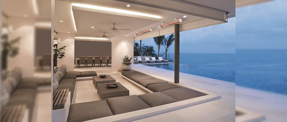 Two Electric Patio Heaters Mounted to the Inside of a Covered Patio