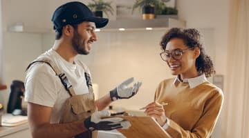 a woman with a clipboard talking to a contractor