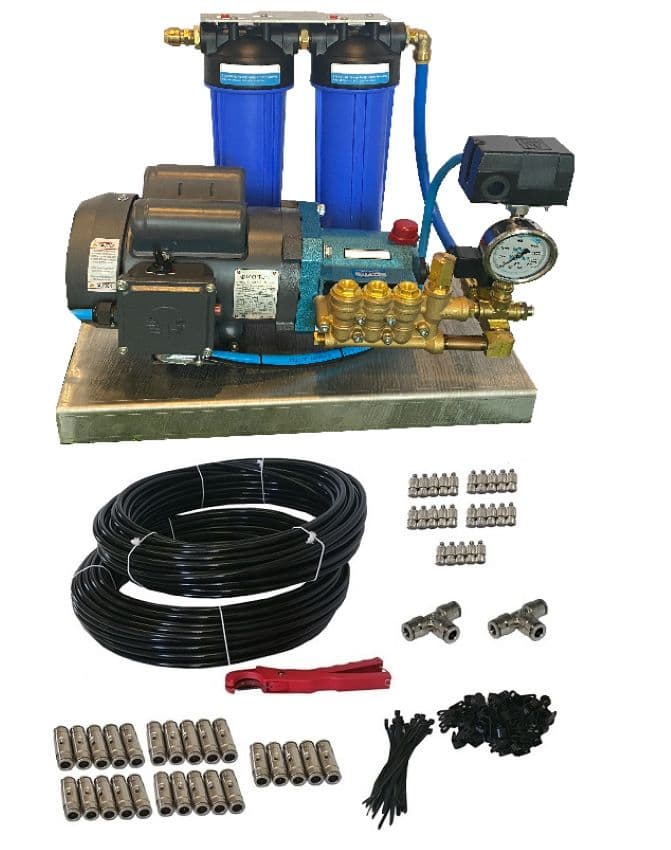 Product shot on white background showing Mist Works MKRCD.50/25 high-pressure misting system, including misting pump, tubing, nozzles, and associated products needed for installation