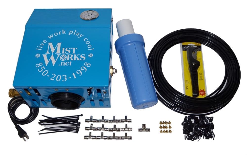 Product shot on white background showing Mist Works MKBB-12 medium-pressure misting system, including misting pump, tubing, nozzles, and associated products needed for installation