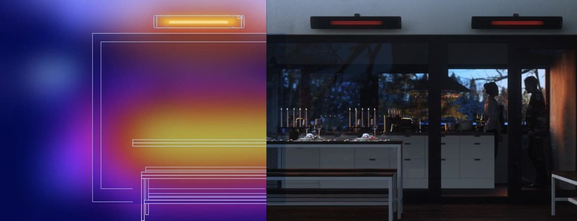 two patio heaters mounted on the wall of an outdoor dining area in the evening