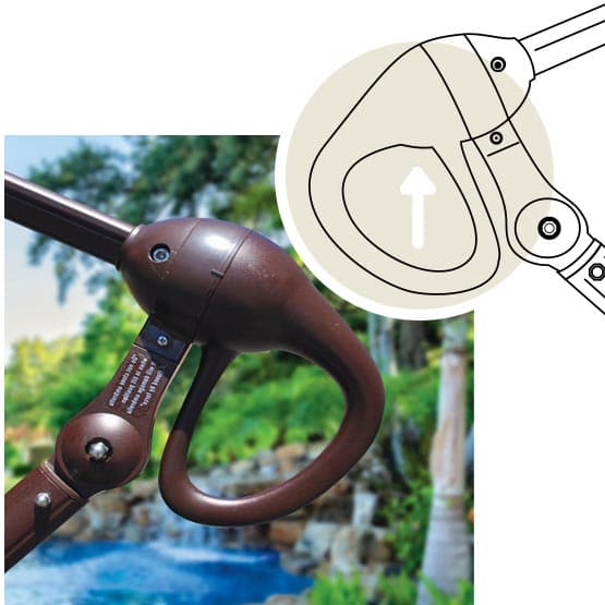 easy arm lift galtech umbrella next to a diagram of the same easy arm lift umbrella