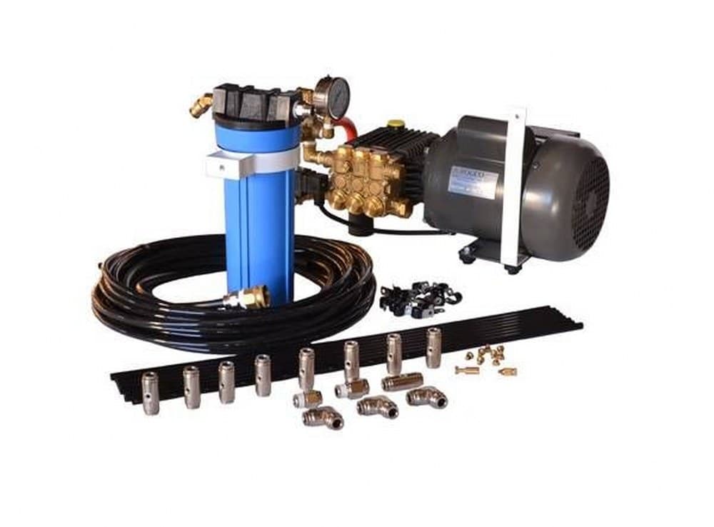 Product shot on white background showing Mist Works MKRCD.50/25 high-pressure misting system, including misting pump, tubing, nozzles, and associated products needed for installation